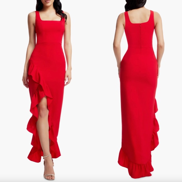 dress the population charlene square-neck ruffle side-slit gown Dress the Population Women's Charlene Ruffle Gown - White